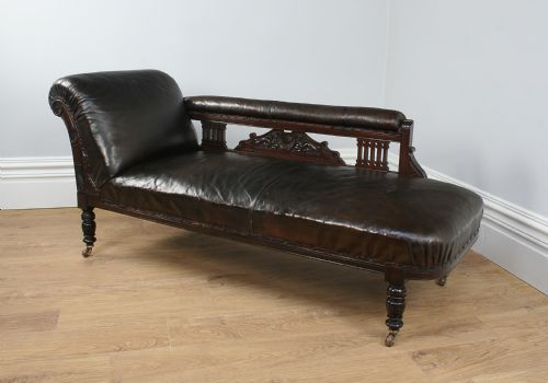 Antique Mahogany & Leather Rail-back Chaise Longue (Circa 1880 - 1900)