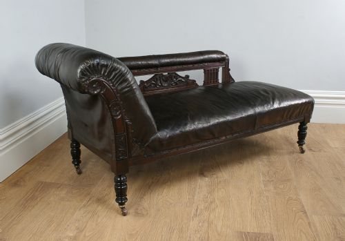fig 1. Antique Mahogany & Leather Rail-back Chaise Longue (Circa 1880 - 1900)