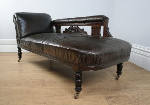 fig 2. Antique Mahogany & Leather Rail-back Chaise Longue (Circa 1880 - 1900)