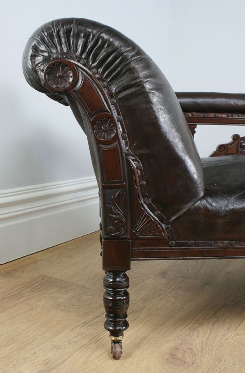 fig 7. Antique Mahogany & Leather Rail-back Chaise Longue (Circa 1880 - 1900)