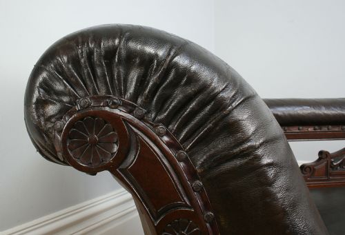 fig 9. Antique Mahogany & Leather Rail-back Chaise Longue (Circa 1880 - 1900)