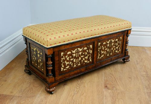 Antique Victorian Burr Walnut & Ebony Upholstered Ottoman (Circa 1850)