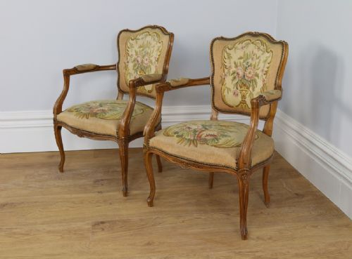 Pair Louis XV Revival Walnut Tapestry Salon Armchairs (Circa 1900)