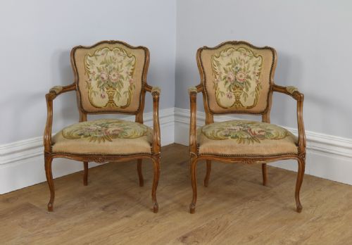 fig 1. Pair Louis XV Revival Walnut Tapestry Salon Armchairs (Circa 1900)
