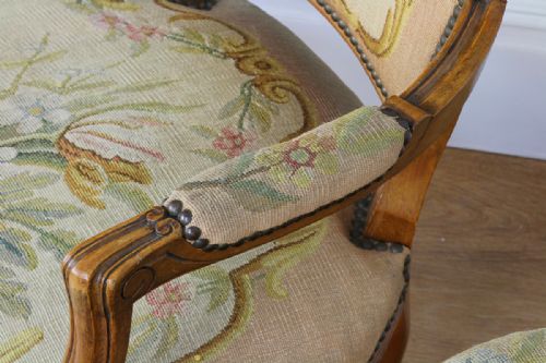 fig 4. Pair Louis XV Revival Walnut Tapestry Salon Armchairs (Circa 1900)