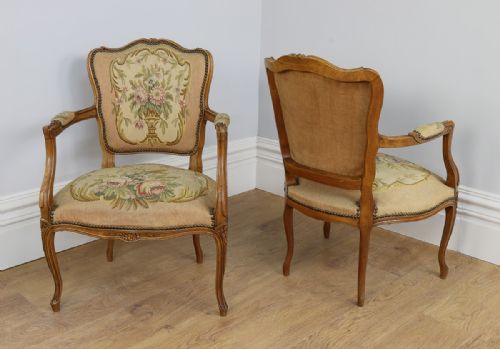 fig 9. Pair Louis XV Revival Walnut Tapestry Salon Armchairs (Circa 1900)