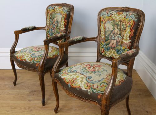 fig 2. Pair Louis XV Revival Beech Tapestry Salon Armchairs (Circa 1900)