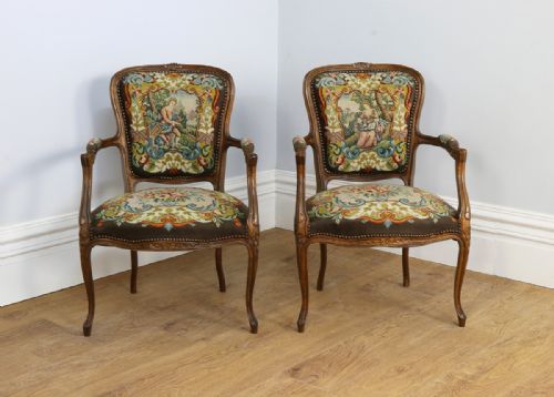 fig 1. Pair Louis XV Revival Beech Tapestry Salon Armchairs (Circa 1900)