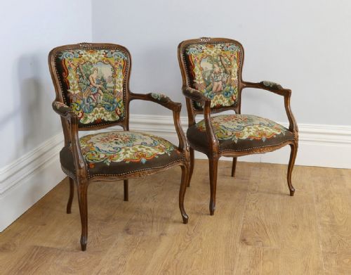 Pair Louis XV Revival Beech Tapestry Salon Armchairs (Circa 1900)