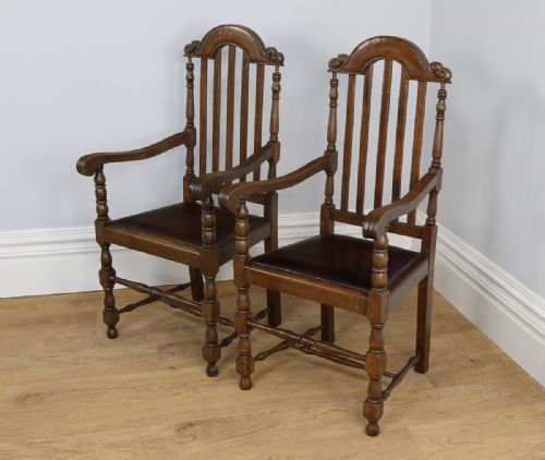 Pair Carolean Revival English Carved Oak & Leather Armchairs (Circa 1920)