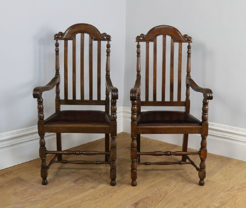 fig 1. Pair Carolean Revival English Carved Oak & Leather Armchairs (Circa 1920)
