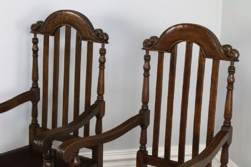 fig 2. Pair Carolean Revival English Carved Oak & Leather Armchairs (Circa 1920)