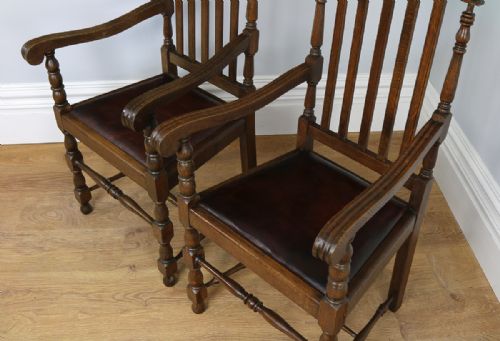 fig 4. Pair Carolean Revival English Carved Oak & Leather Armchairs (Circa 1920)