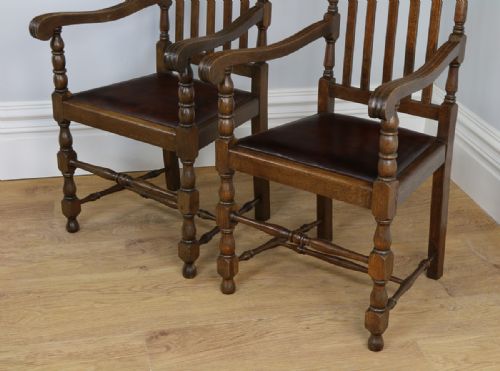 fig 5. Pair Carolean Revival English Carved Oak & Leather Armchairs (Circa 1920)