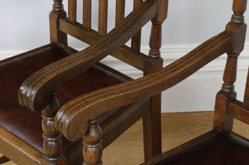 fig 6. Pair Carolean Revival English Carved Oak & Leather Armchairs (Circa 1920)