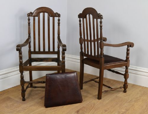 fig 9. Pair Carolean Revival English Carved Oak & Leather Armchairs (Circa 1920)