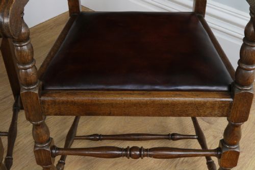 fig 8. Pair Carolean Revival English Carved Oak & Leather Armchairs (Circa 1920)