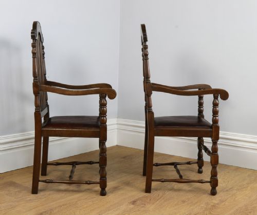 fig 10. Pair Carolean Revival English Carved Oak & Leather Armchairs (Circa 1920)