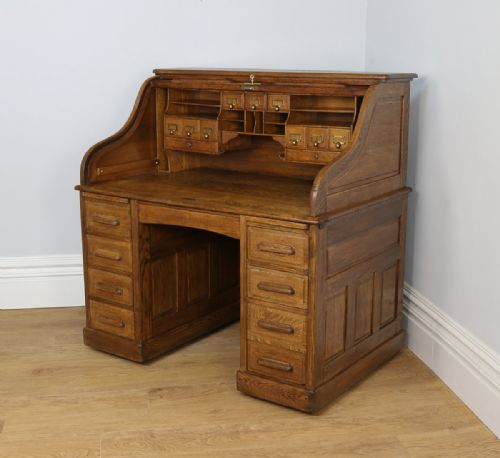 4ft 2” Victorian Oak Roll Top Pedestal Desk (Circa 1880)