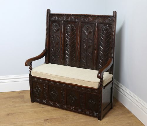 4ft Tudor Style Oak High-back Carved Box Settle (Circa 1860)