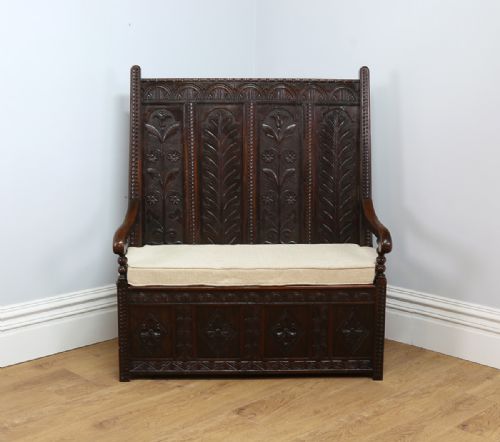 fig 1. 4ft Tudor Style Oak High-Back Carved Box Settle (Circa 1860)