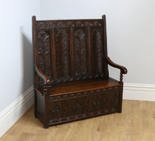 fig 4. 4ft Tudor Style Oak High-Back Carved Box Settle (Circa 1860)