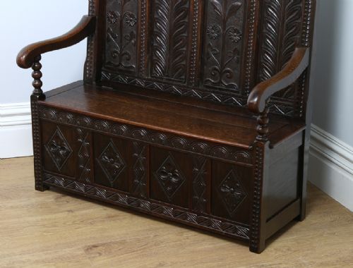 fig 5. 4ft Tudor Style Oak High-Back Carved Box Settle (Circa 1860)