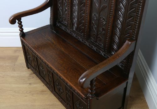 fig 6. 4ft Tudor Style Oak High-Back Carved Box Settle (Circa 1860)