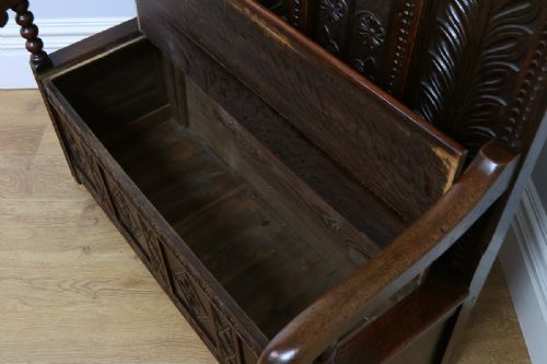 fig 7. 4ft Tudor Style Oak High-Back Carved Box Settle (Circa 1860)
