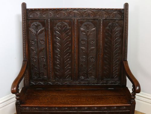 fig 8. 4ft Tudor Style Oak High-Back Carved Box Settle (Circa 1860)