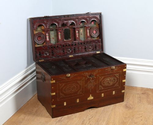Victorian Anglo Indian / Burmese Colonial Teak & Brass Chiming Mandalay Military Campaign Writing / Travelling Trunk / Box / Chest / Coffee Table (Circa 1860)