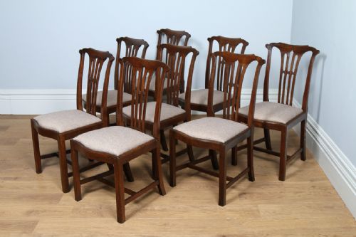Set of 8 Eight Georgian Chippendale Revival Carved Oak Kitchen Upholstered Dining Chairs (Circa 1900)