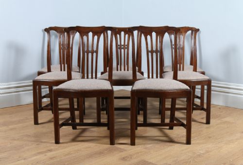 fig 1. Set of 8 Eight Georgian Chippendale Revival Carved Oak Kitchen Upholstered Dining Chairs (Circa 1900)