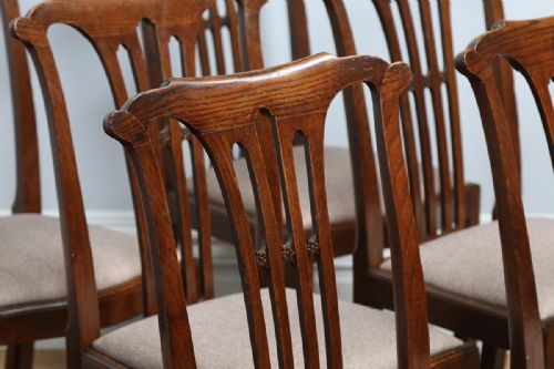 fig 3. Set of 8 Eight Georgian Chippendale Revival Carved Oak Kitchen Upholstered Dining Chairs (Circa 1900)