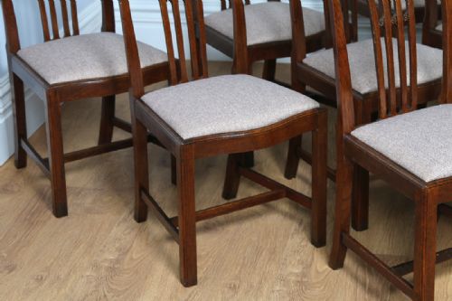 fig 4. Set of 8 Eight Georgian Chippendale Revival Carved Oak Kitchen Upholstered Dining Chairs (Circa 1900)
