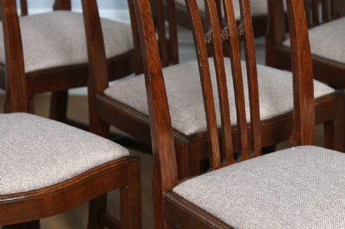 fig 5. Set of 8 Eight Georgian Chippendale Revival Carved Oak Kitchen Upholstered Dining Chairs (Circa 1900)