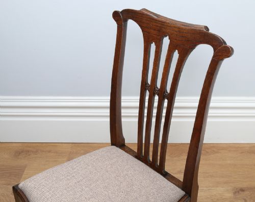 fig 6. Set of 8 Eight Georgian Chippendale Revival Carved Oak Kitchen Upholstered Dining Chairs (Circa 1900)