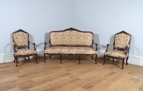 French Louis XVI Revival Walnut Three Piece Couch Settee Sofa Armchairs Living Drawing Room Suite (Circa 1850)