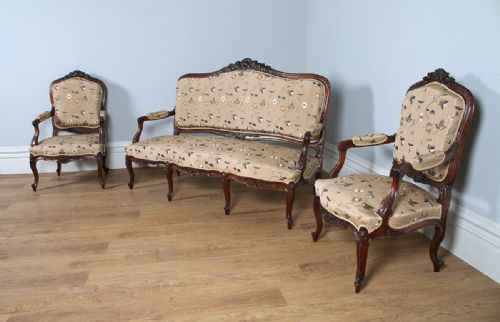fig 1. French Louis XVI Revival Walnut Three Piece Couch Settee Sofa Armchairs Living Drawing Room Suite (Circa 1850)