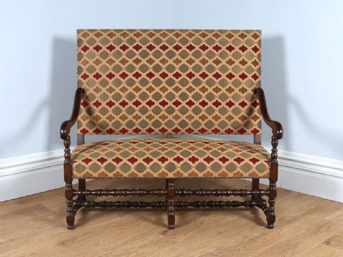 fig 1. French Walnut Carolean Revival Upholstered Settle Couch (Circa 1870)