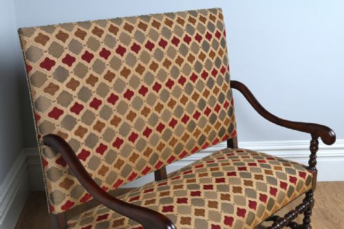 fig 2. French Walnut Carolean Revival Upholstered Settle Couch (Circa 1870)