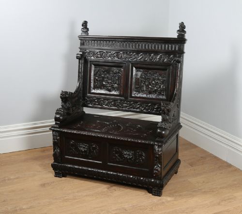 Victorian Carved Oak High Back Settle (Circa 1880)