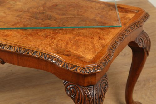 fig 4. Carved Burr Walnut & Glass Rectangular Coffee Table (Circa 1920)