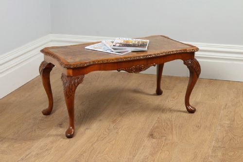 Carved Burr Walnut & Glass Rectangular Coffee Table (Circa 1920)