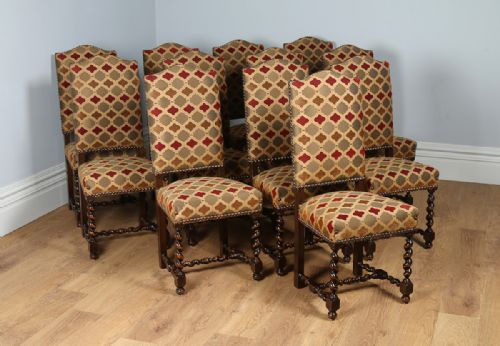 Set of 12 French Carolean Revival Upholstered Oak High Back Dining Chairs (Circa 1910)