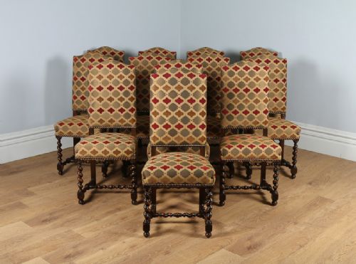 fig 1. Set of 12 French Carolean Revival Upholstered Oak High Back Dining Chairs (Circa 1910)