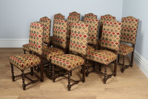 fig 2. Set of 12 French Carolean Revival Upholstered Oak High Back Dining Chairs (Circa 1910)