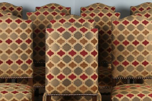 fig 3. Set of 12 French Carolean Revival Upholstered Oak High Back Dining Chairs (Circa 1910)