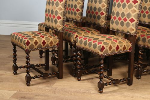 fig 4. Set of 12 French Carolean Revival Upholstered Oak High Back Dining Chairs (Circa 1910)