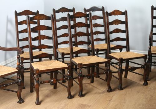 fig 1. Set of 8 Oak Ladder Back Country Farmhouse Dining Chairs (Circa 1890)